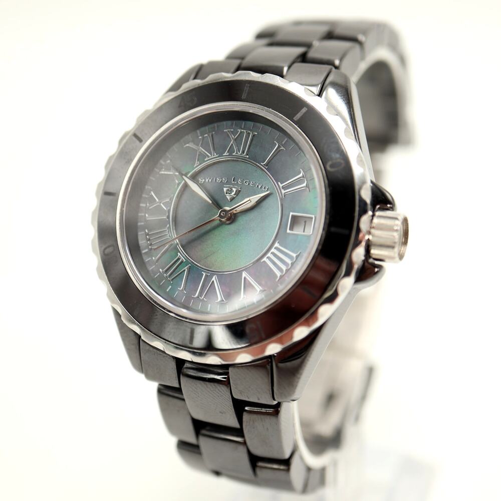 Swiss Legend Karamica 39mm MOP Watch Sapphire 5.75" Black Ceramic w New Battery